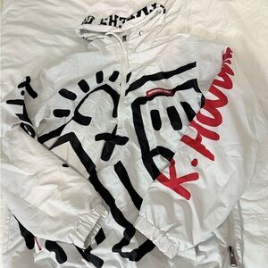 Members Only White Jacket with Black and Red Graphics